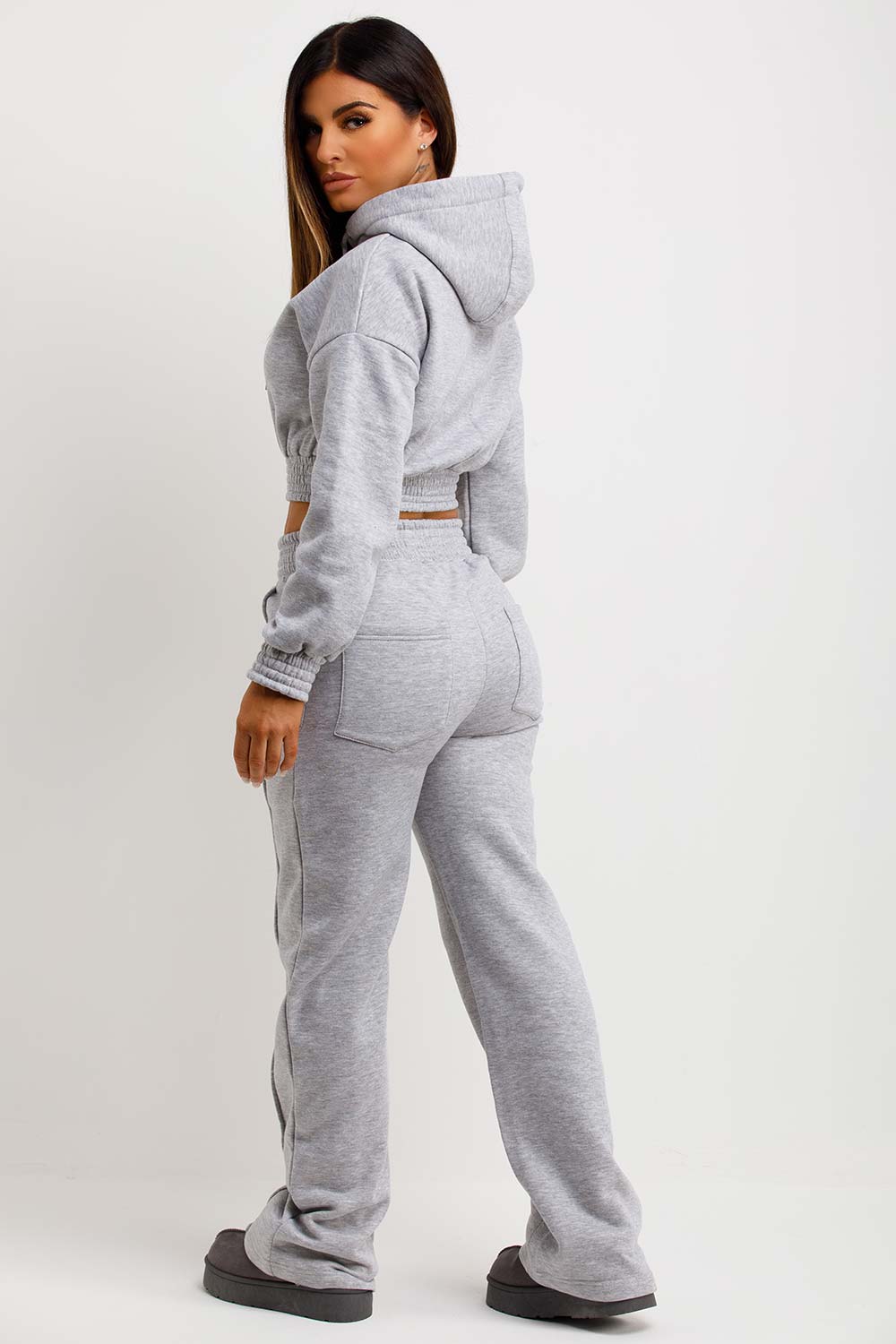 womens straight leg trousers with seam detail and crop hoodie tracksuit set