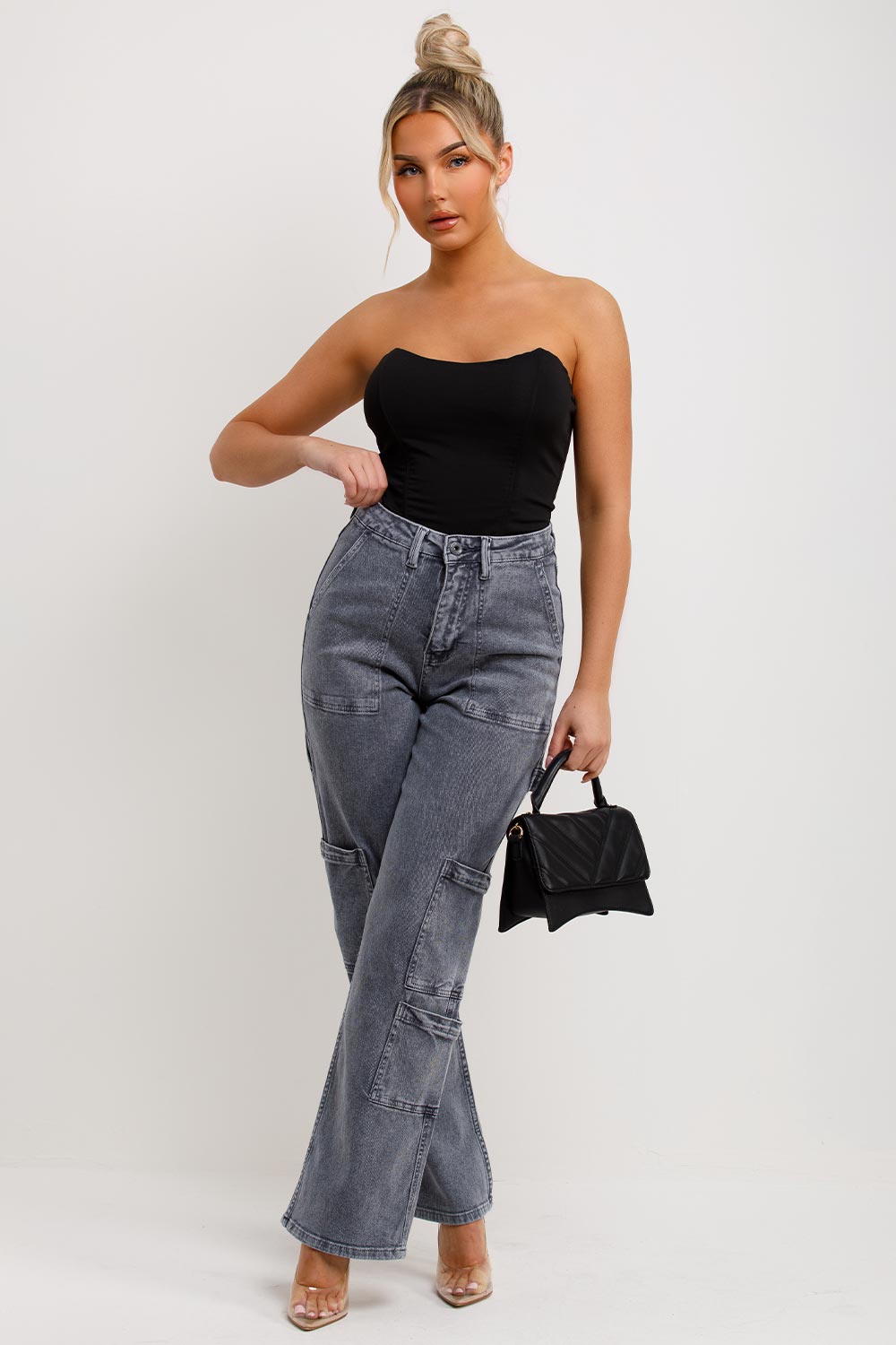 womens grey cargo trousers with pockets