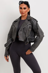 womens zara faux leather jacket with belt and lapel collars