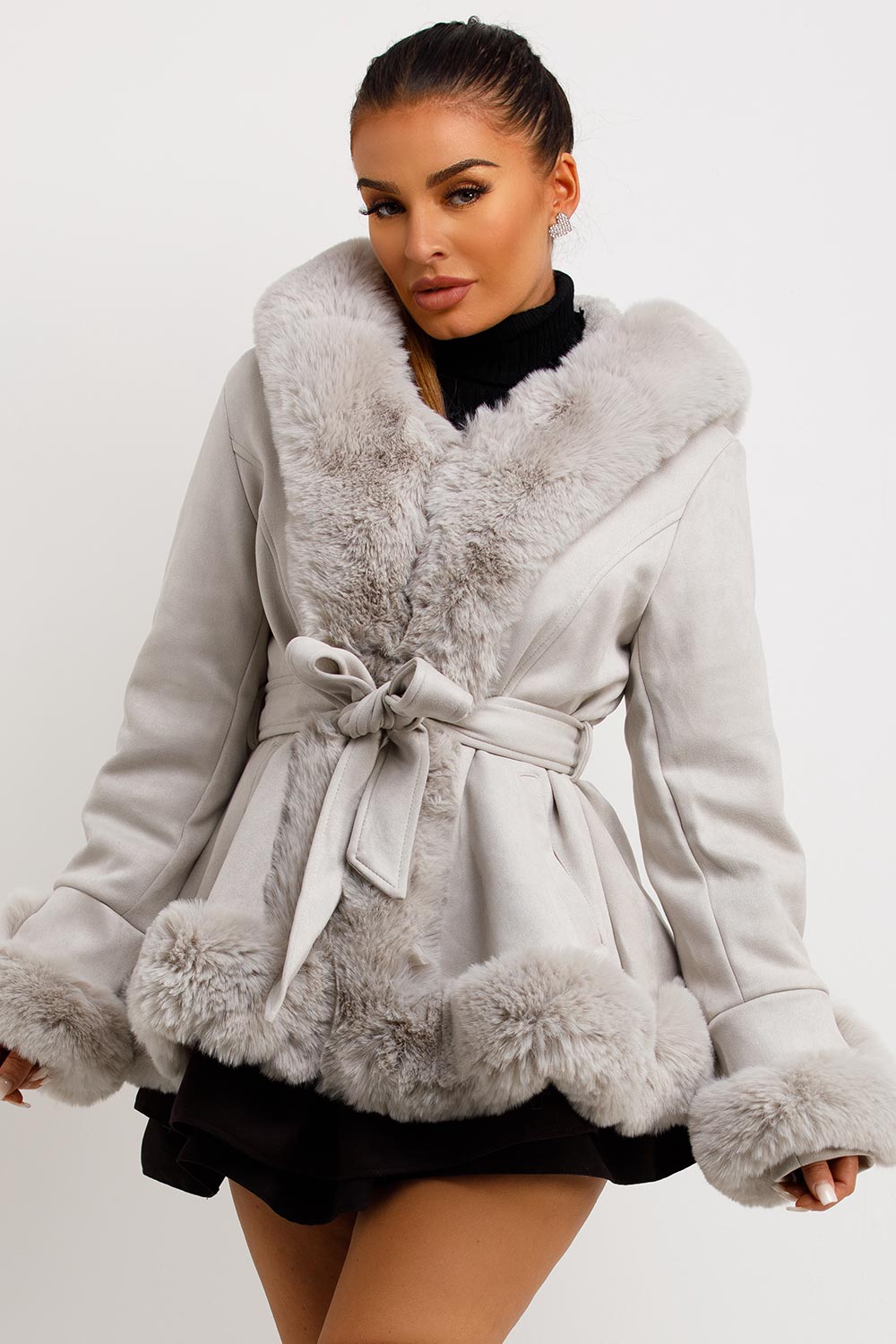faux fur faux suede coat with belt