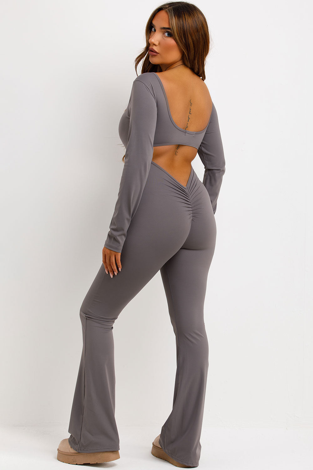 long sleeve jumpsuit unitard with scrunch bum booty lifting detail styledup 