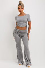 womens flare trousers with ruched side detail and crop top co ord set 