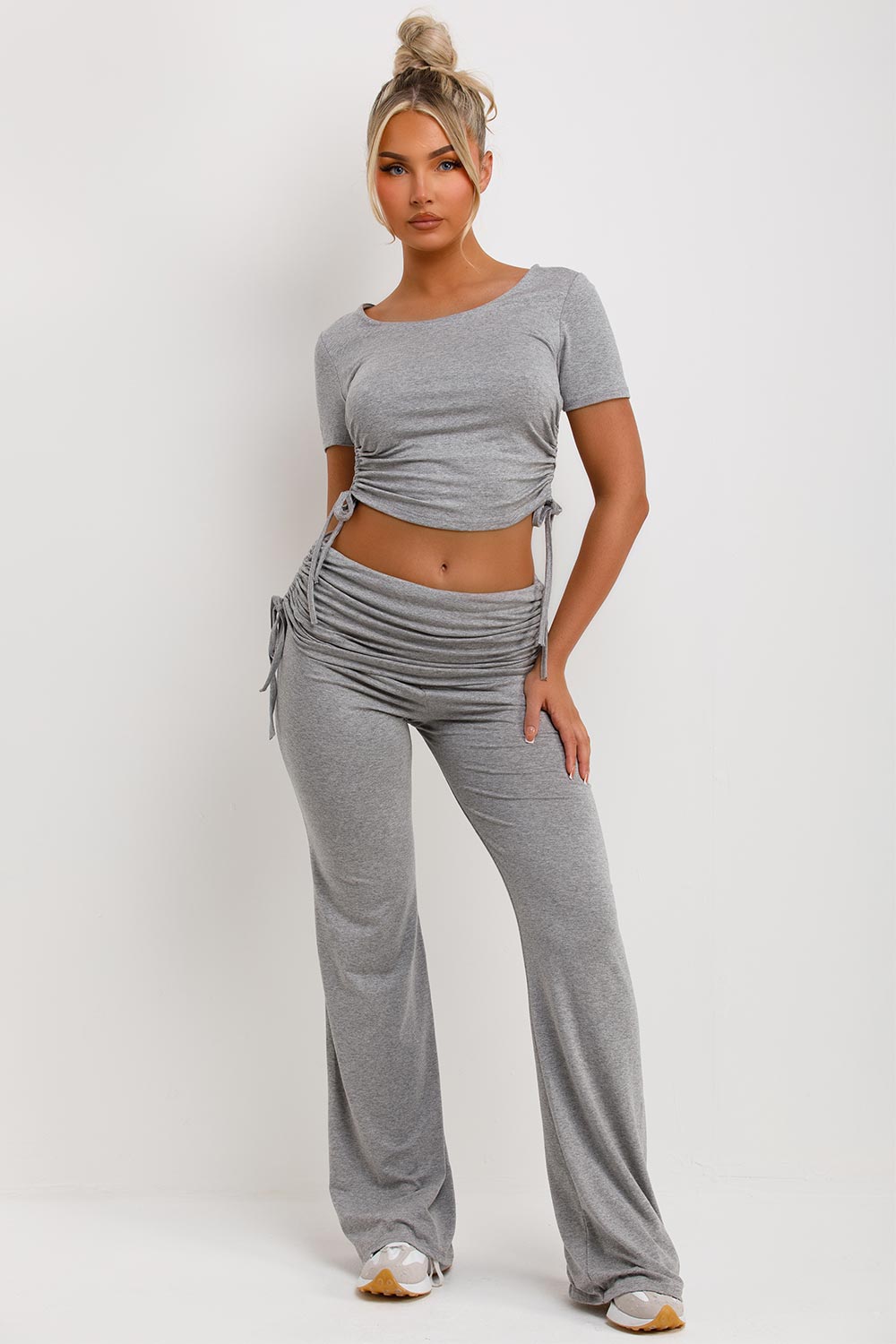 Women s Ruched Fold Over Flared Trousers Crop Top Co Ord Set Grey Styledup