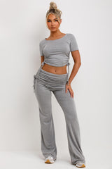 ruched side fold detail flare trousers and crop top co ord set