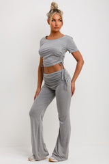 grey ruched side fold detail flare trousers and crop top co ord set grey 