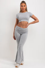 fold detail skinny flared trousers and crop top co ord set grey marl casual summer outfit womens