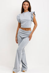 fold flare trousers and frill ruffle sleeve top two piece co ord set