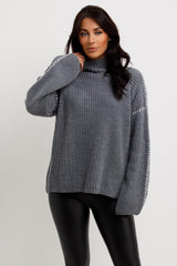 knitted oversized jumper with contrast stitches and high neck line