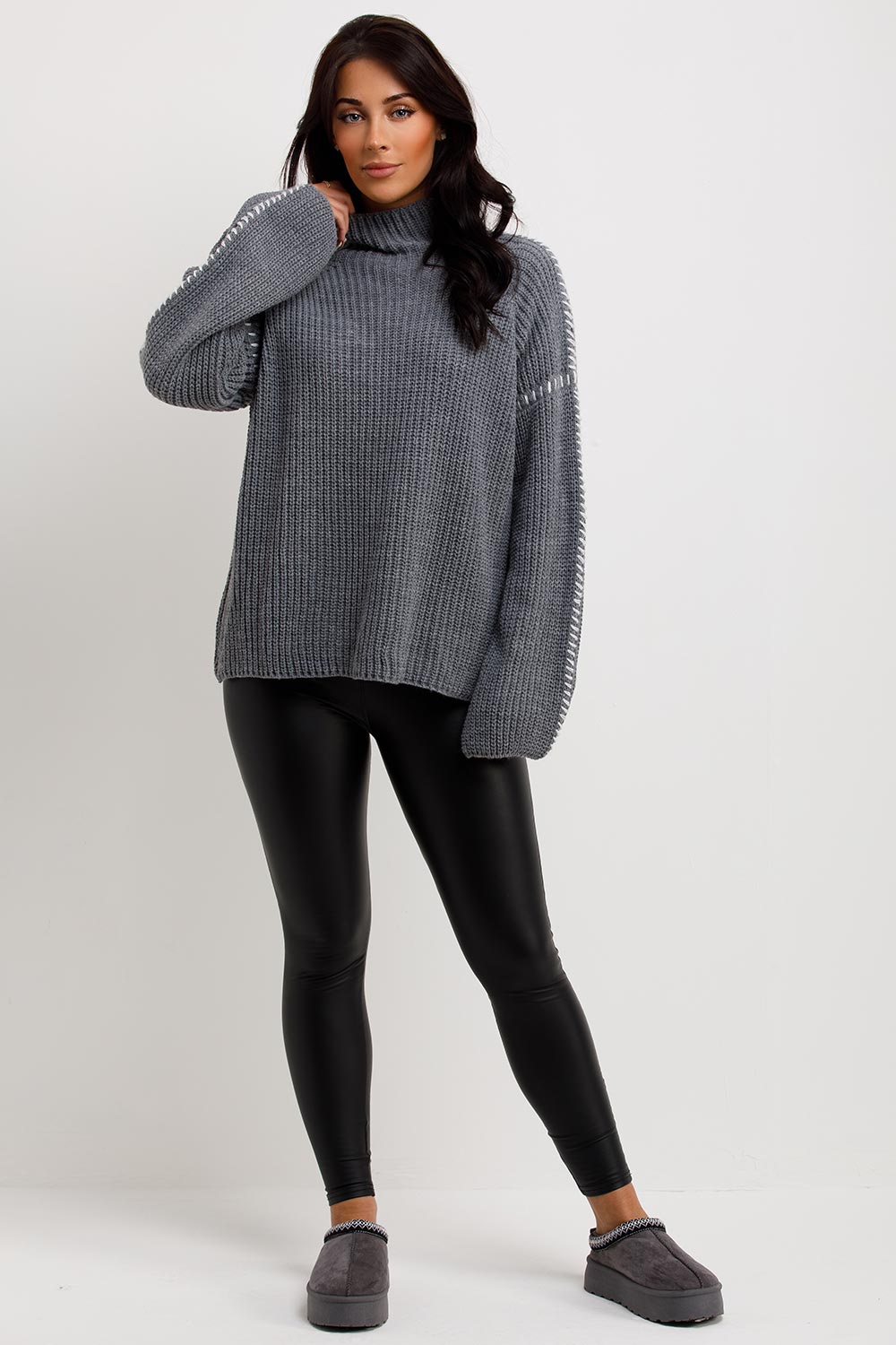 womens knitted oversized jumper with contrast stitches