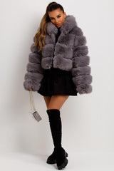 womens grey cropped faux fur hooded coat sale