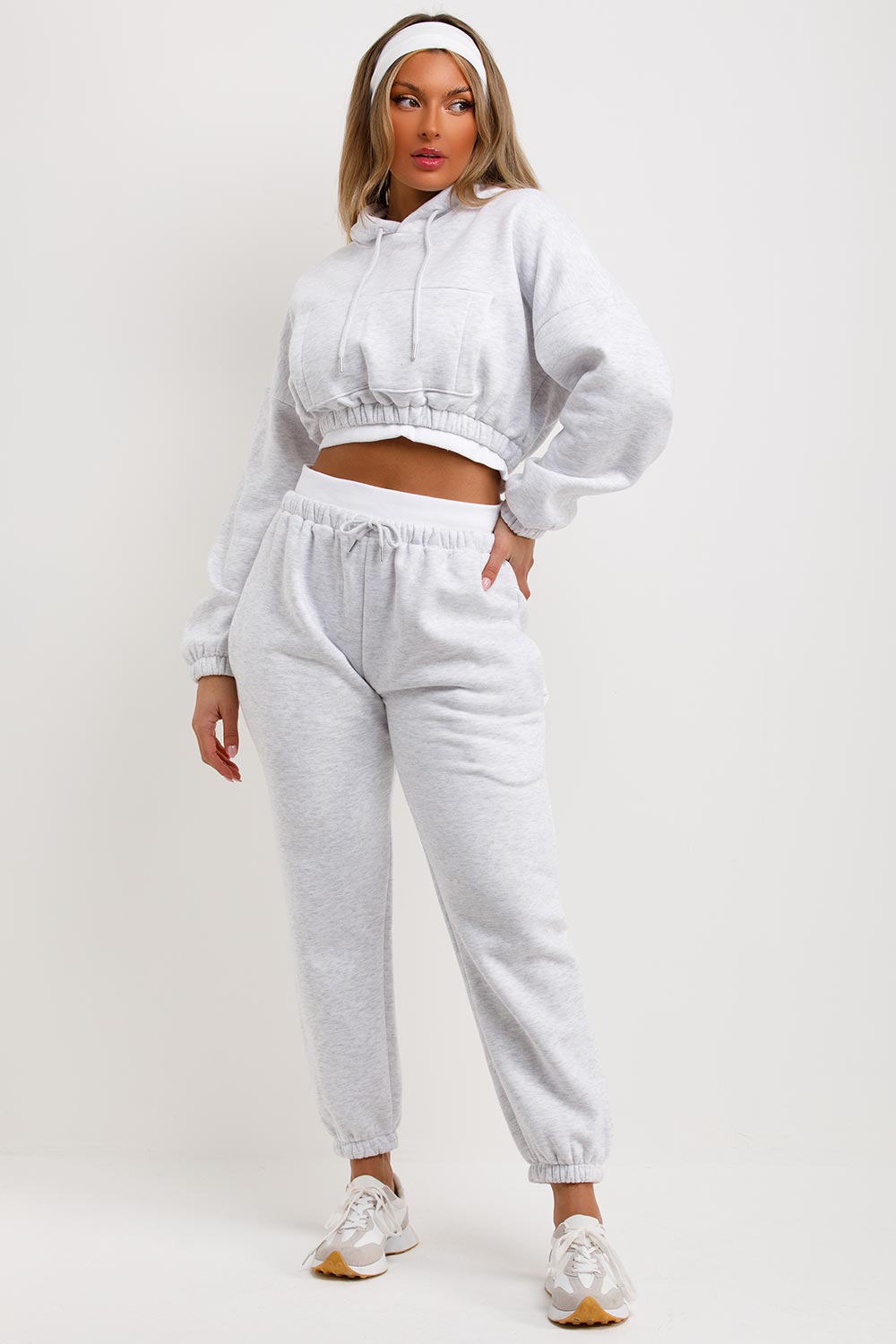 womens crop hoodie and joggers set tracksuit grey marl