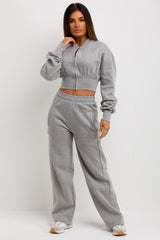 womens grey zipper top and straight leg joggers co ord tracksuit