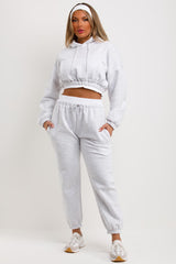womens crop hoodie and joggers set tracksuit co ord marl grey