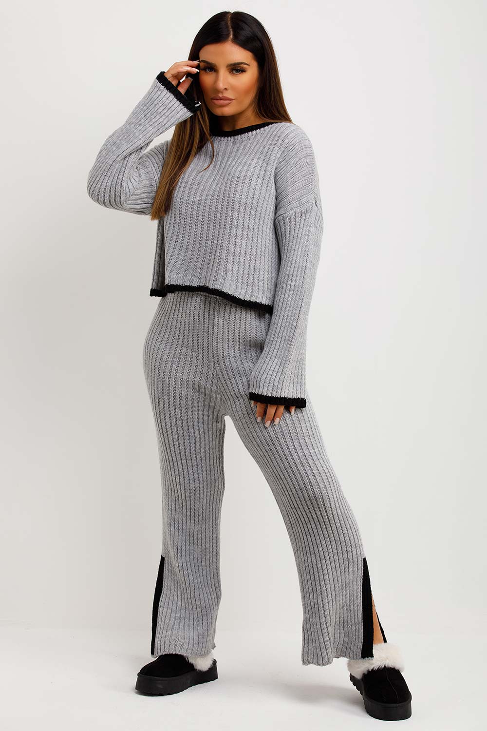 Women's Wide Leg Joggers And Ribbed Top Lounge Set Grey – Styledup