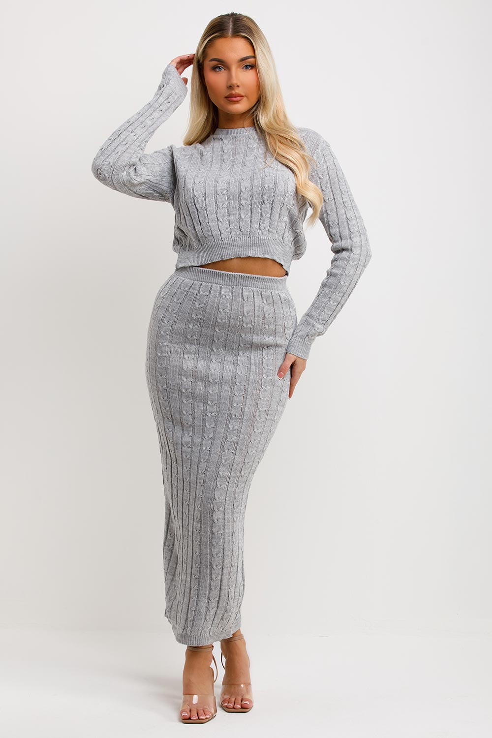 womens knitted maxi skirt and crop knitted jumper top two piece set going out winter outfit