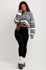 womens long sleeve knitted crop jumper with stripes