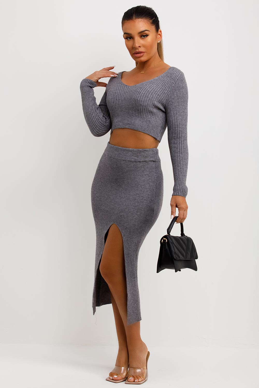 grey knitted jumper and skirt co ord set