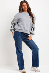 knitted sleeve love slogan jumper grey