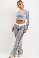 womens long sleeve top and wide leg elasticated waist joggers contrast side stripe tracksuit loungewear set