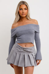 womens bardot fold over knitted jumper top grey
