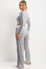 womens contrast side stripe joggers and top two piece loungewear set grey