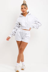 short tracksuit womens crop zip hoodie with ruched sleeves and shorts two piece set