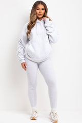 womens hooded sweatshirt with ruched sleeves and leggings loungewear set grey marl