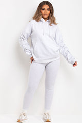 womens oversized hoodie with ruched gathered sleeves and leggings two piece matching loungewear set grey marl