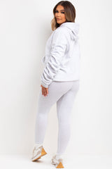 womens ruched sleeve hooded sweatshirt and leggings loungewear co ord 