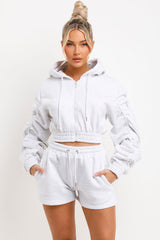 ruched sleeve crop zip hoodie and short tracksuit summer lounge set womens airport outfit