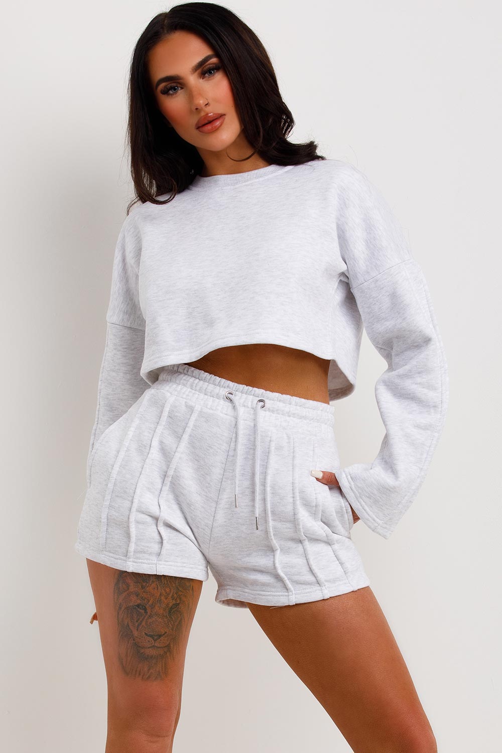 short tracksuit womens summer loungewear set shorts and crop sweatshirt set