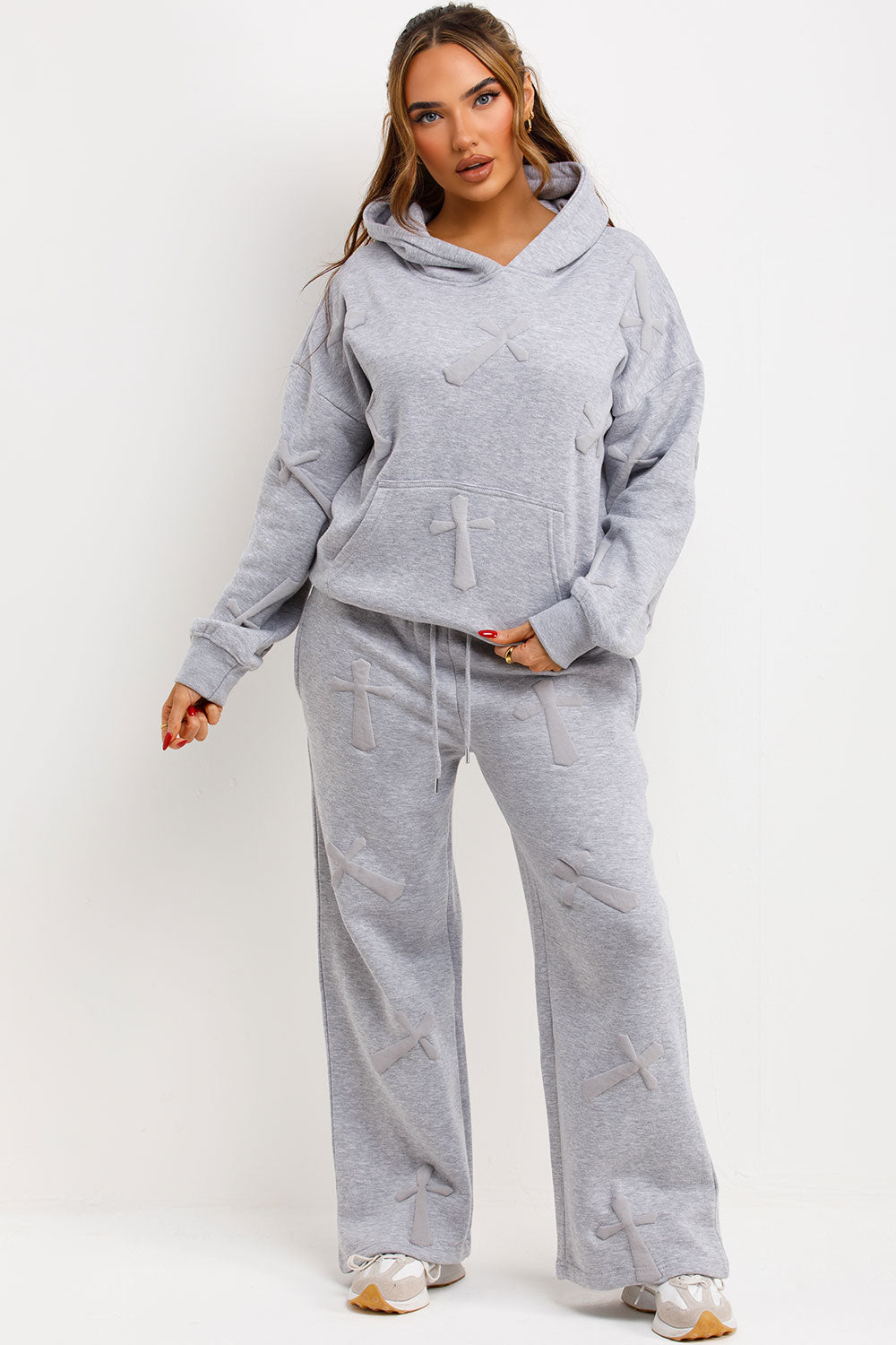 womens loungewear co ord set with bubble puffed up crosses grey