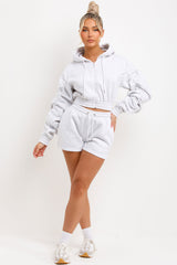 womens crop zip up hoodie with ruched sleeves and shorts tracksuit set