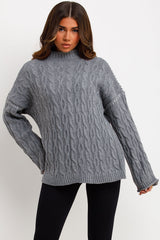 womens cable knit jumper with contrast stitches styled up 