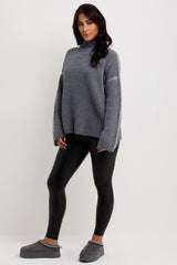 high neck contrast stitches oversized knitted jumper