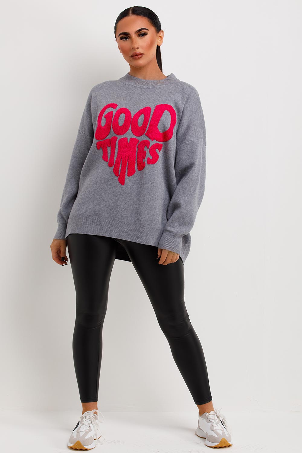 womens knitted jumper with good times slogan