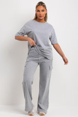 womens lounge set grey wide leg cargo trousers and t shirt co ord set