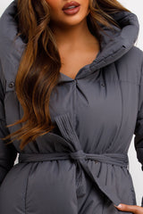 womens long puffer padded coat with hood and belt styledup