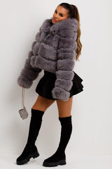 crop faux fur coat with hood grey