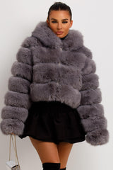 womens grey fur bubble coat with hood