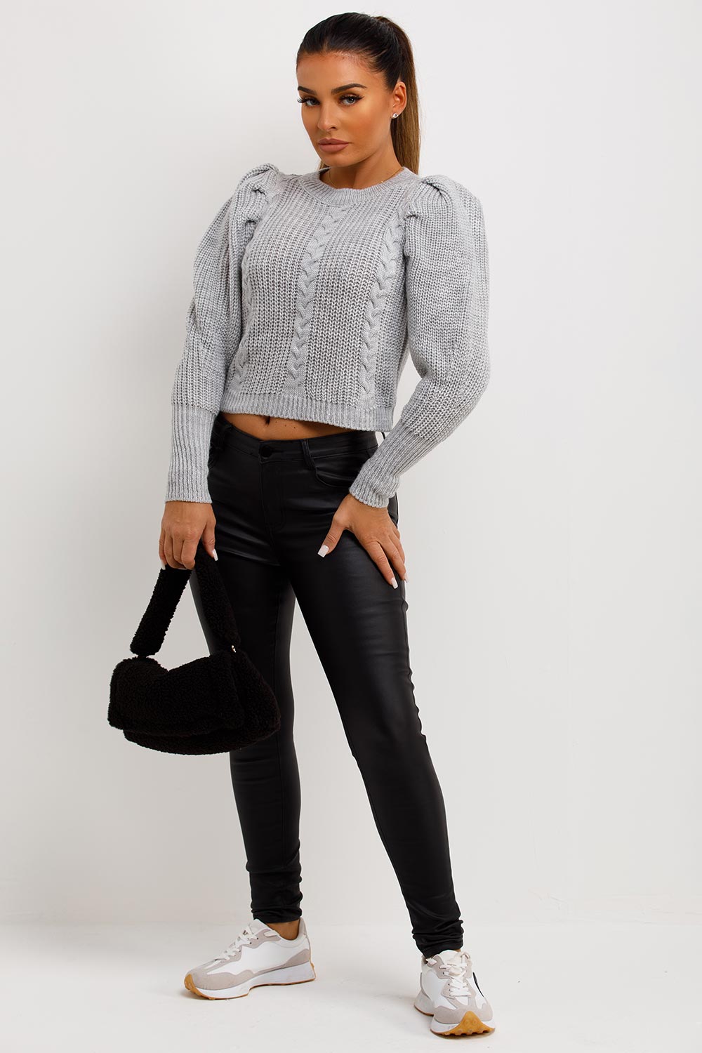 long sleeve knitted crop jumper with puffer shoulders