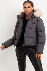 womens puffer jacket with big faux fur hood for winter christmas markets uk