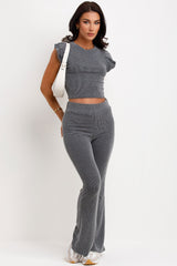 womens ribbed flare trouser and frill shoulder top set