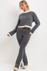 Jumper And Trousers Loungewear Set With Contrast Stripe Split Detail Grey