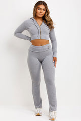 crop zip up hoodie and fold over flare trouser co ord set grey