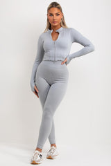 grey ribbed crop jacket top and leggings 3 piece co ord uk