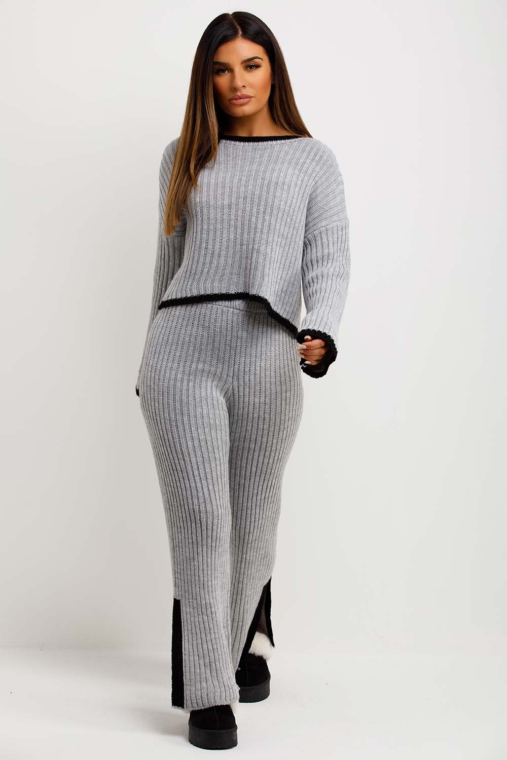 womens grey knitted jumper and trousers lounge set