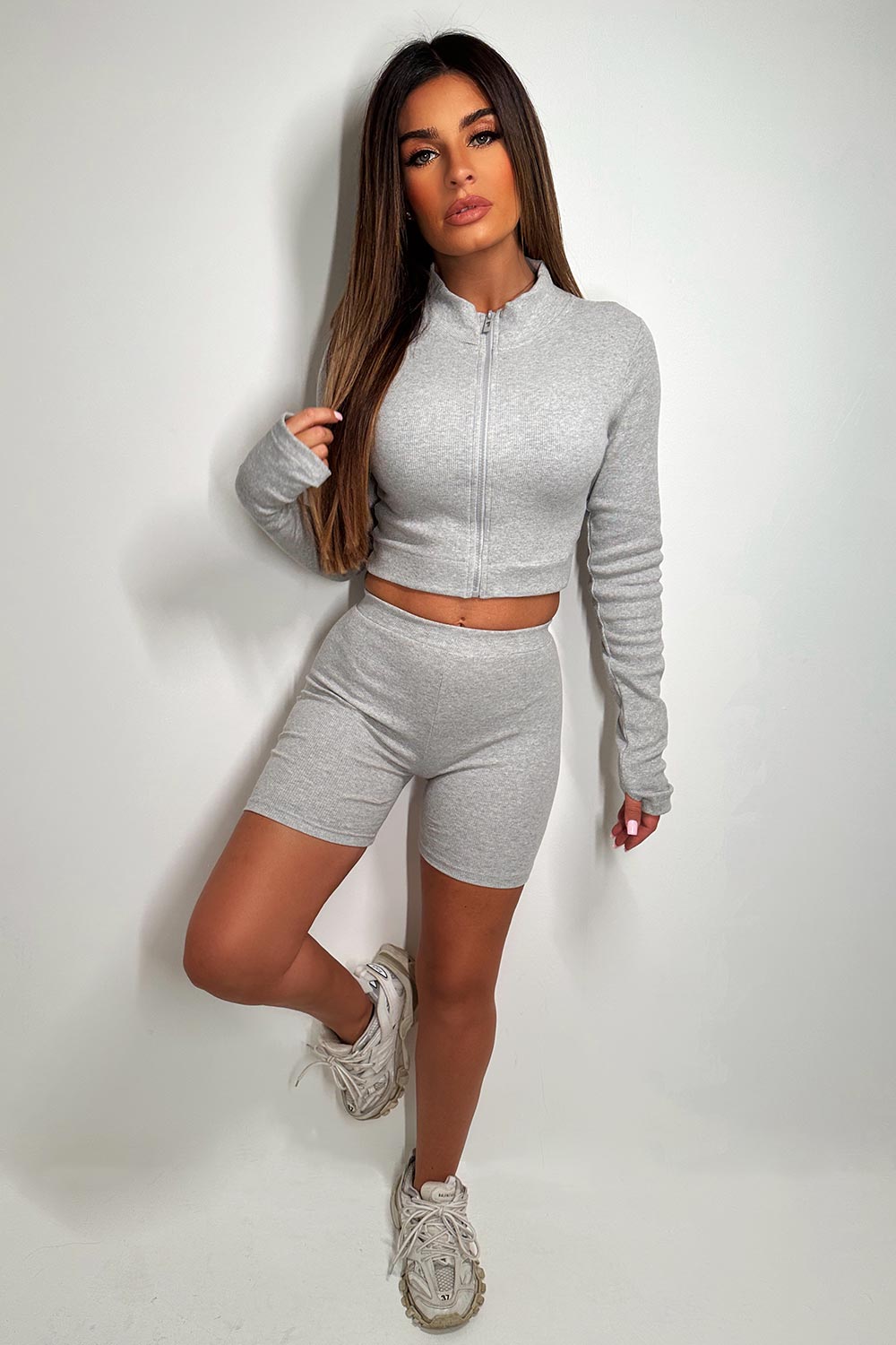 womens long sleeve zip front ribbed top and shorts co ord set