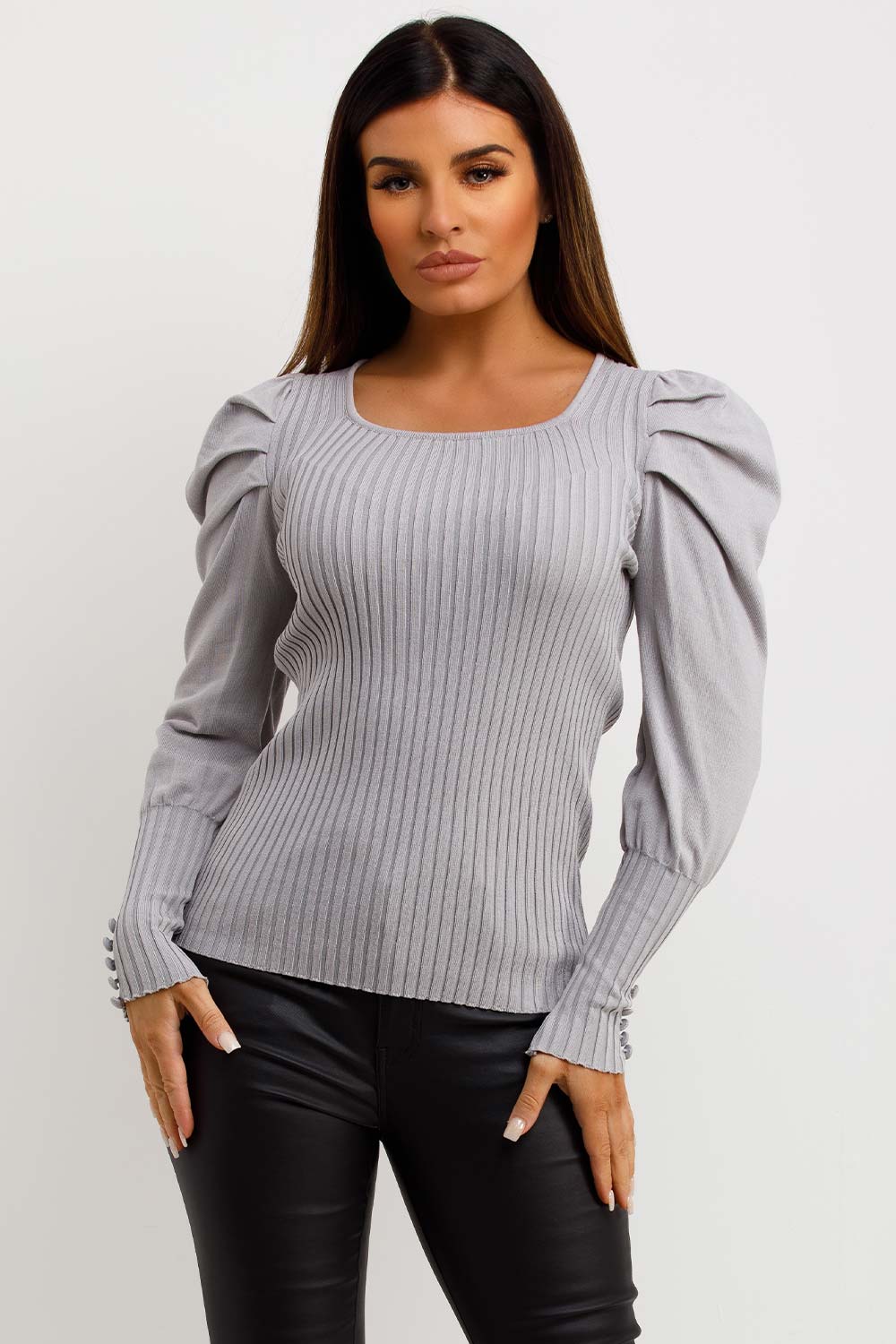 womens jumper with puff sleeves ribbed