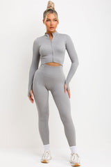 zip up ribbed long sleeve activewear jacket and ruched bum leggings two piece set